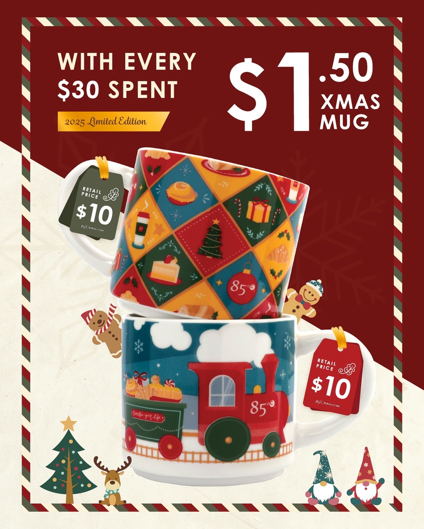 Spend $30, Get a Holiday Mug for $1.50 at 85°C Bakery Cafe