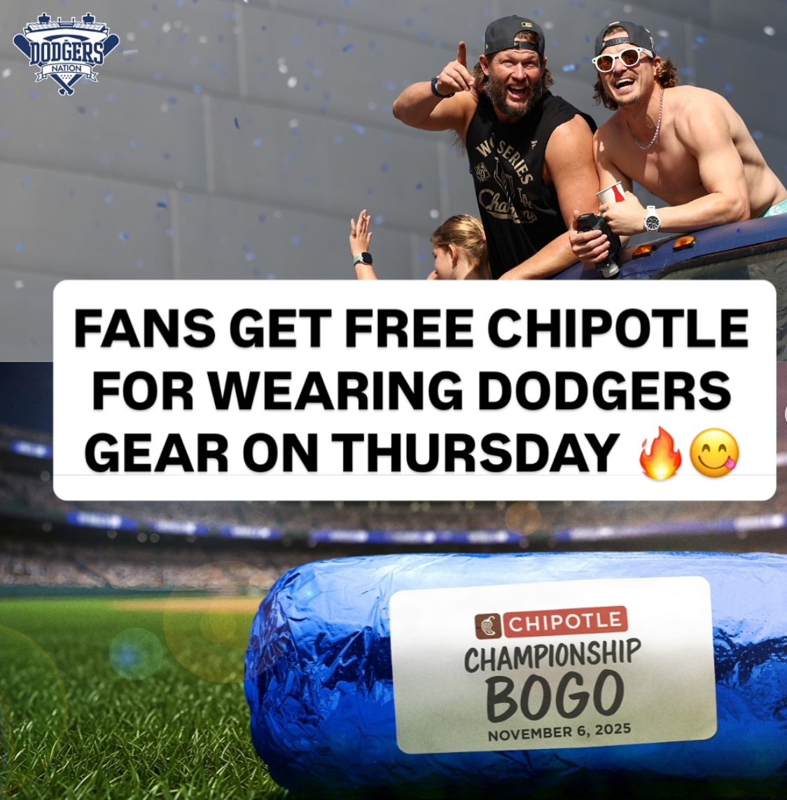 ENDED - Dodger Fans Get BOGO Chipotle for Wearing Blue 11/6