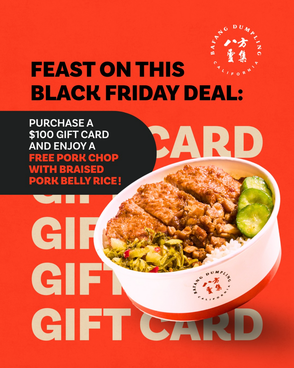 Buy a $100 Bafang Gift Card and Get a FREE Pork Chop with Braised Pork Belly Rice