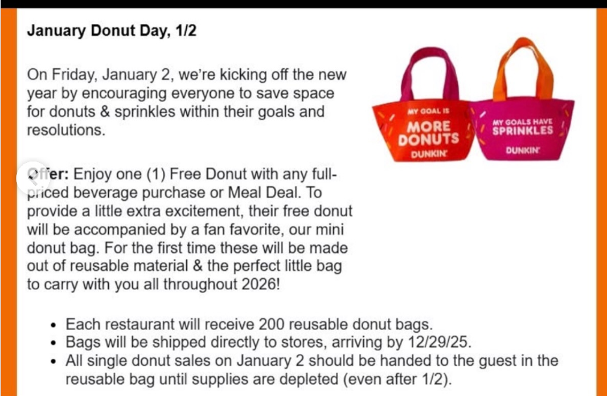 FREE Donut + a Reusable Tote Bag with Drink Purchase at Dunkin' on 1/2