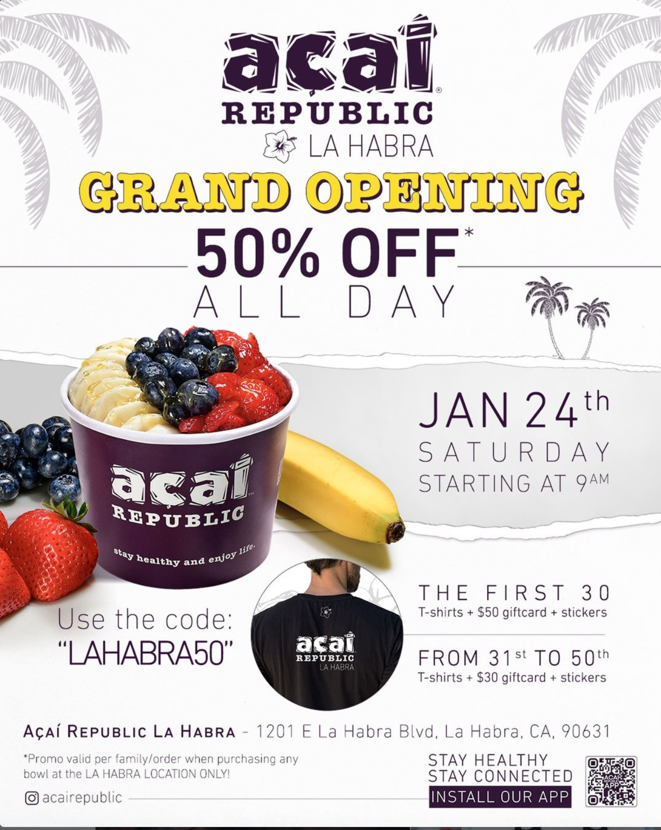 Acai Republic La Habra Grand Opening 50% Off All Day on 1/24