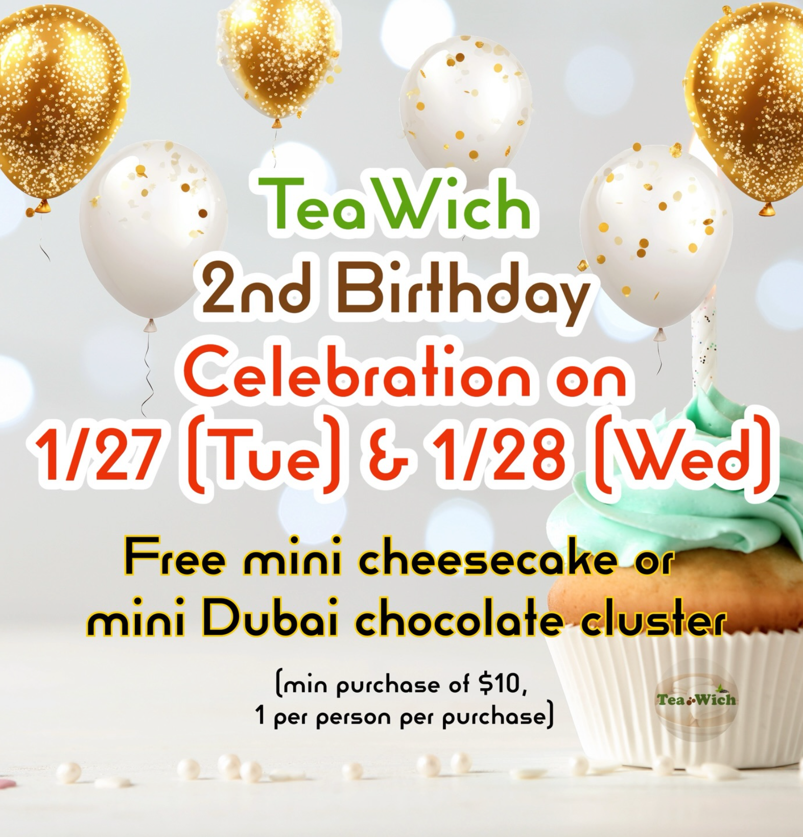 TeaWich Free Mini Cluster or Mini Cheesecake with $10 Purchase