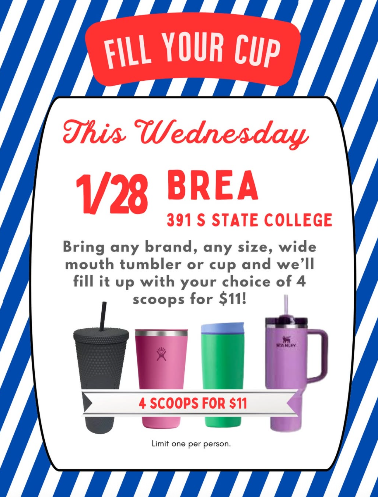 4 Scoops for $11 at Blue Scoop Creamery Brea 1/28