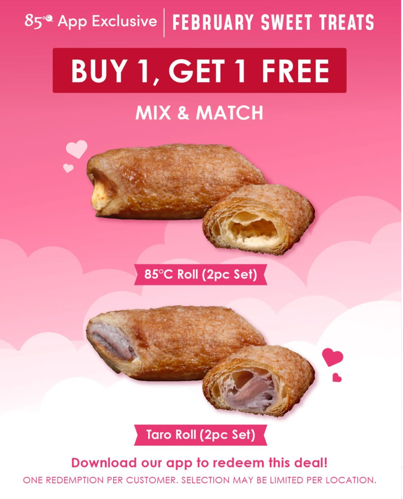 Buy One Set, Get One FREE Taro Roll or 85C Rolls at 85°C Bakery Cafe