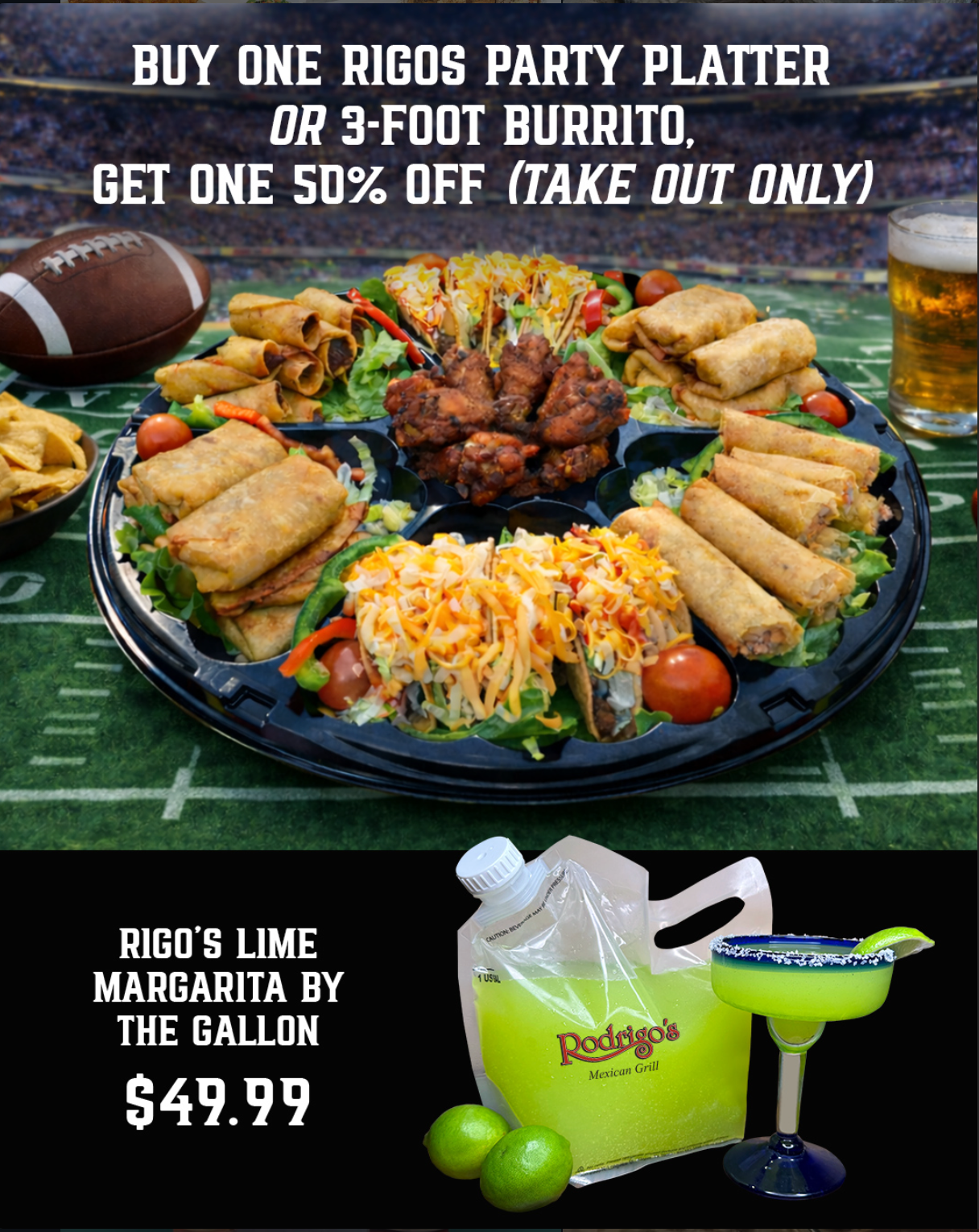 Buy 1 Party Platter or 3-ft Burrito, Get 1 50% Off at Rodrigo's this Sunday
