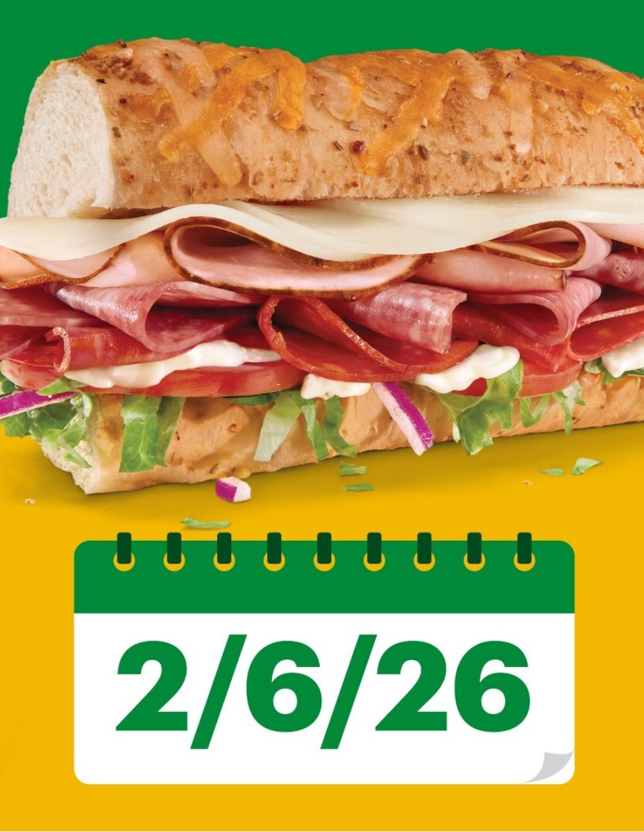 Two 6” Subs for $6 at Subway on 2/6