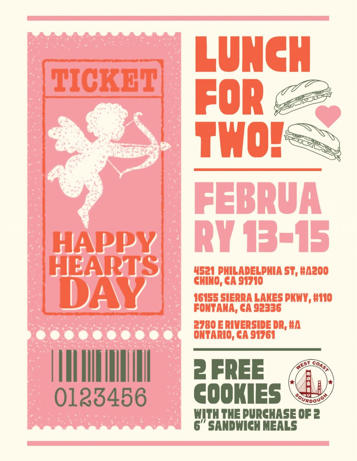 Free Cookies with 2 6" Sandwich Purchases at West Coast Sourdough Deli