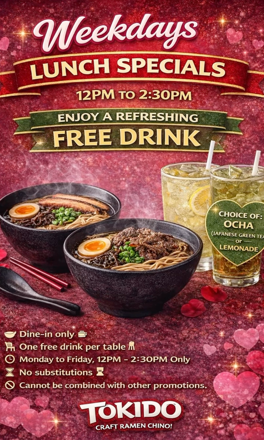 Free Drink with a Meal at Tokido Craft Ramen, Mon-Fr, 12-2:30 PM