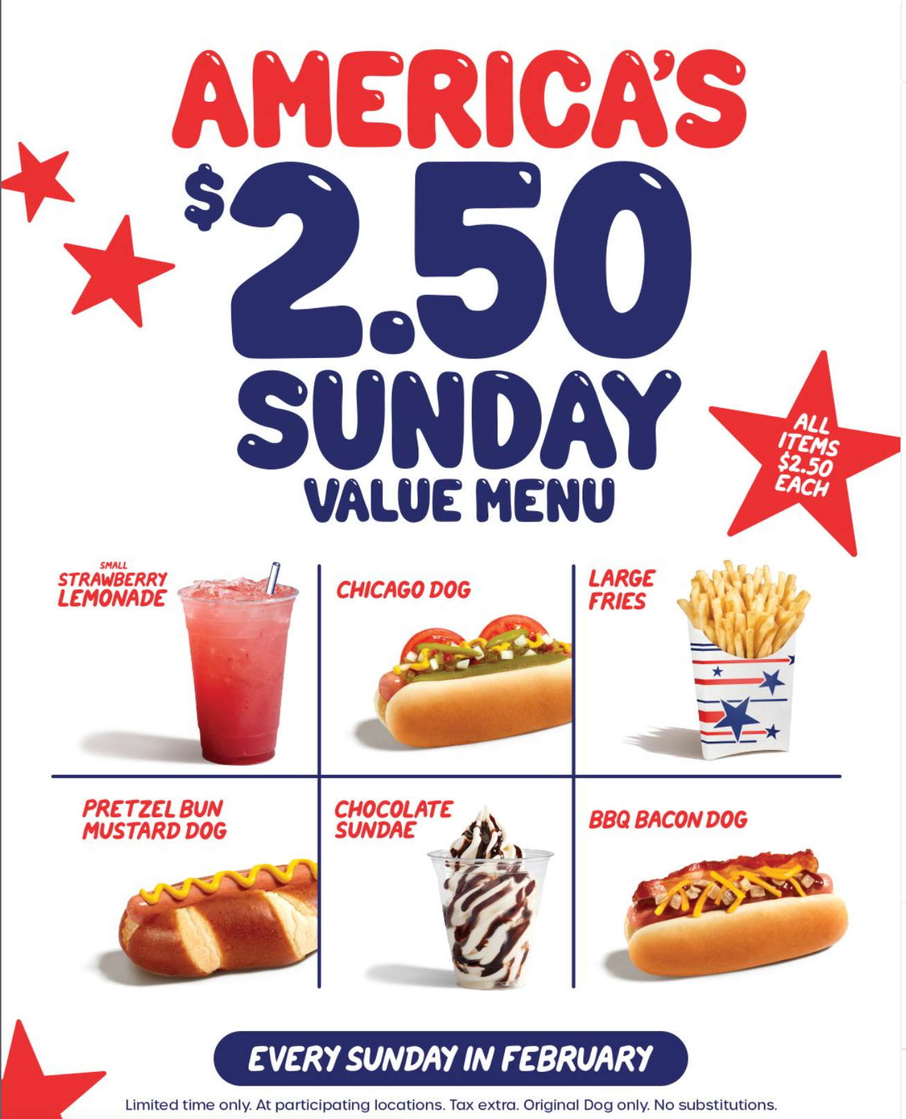 $2.50 Value Menu Every Sunday in Feb at Wienerschnitzel