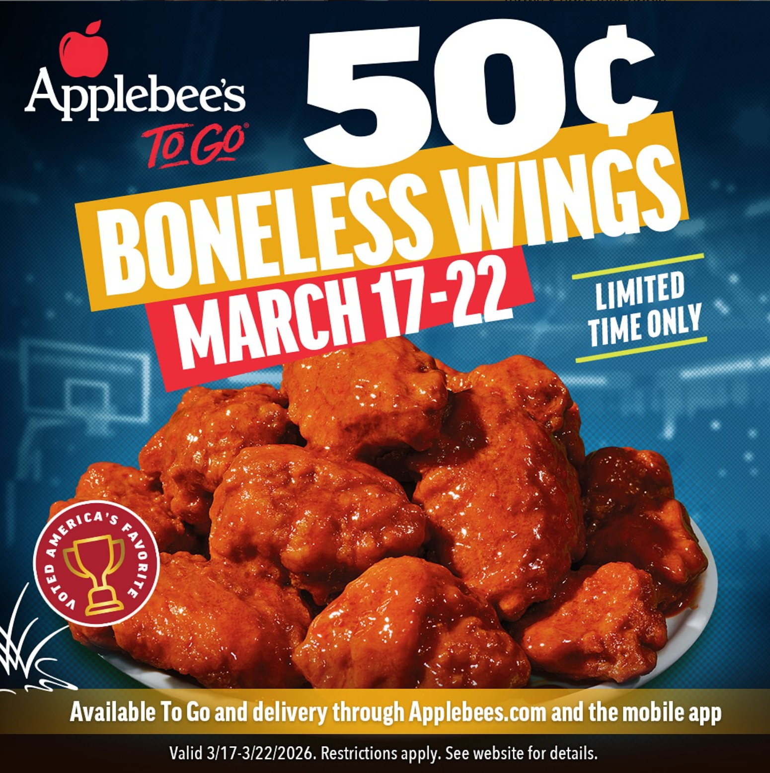 Applebee's Boneless Wings for 50¢ Each Today