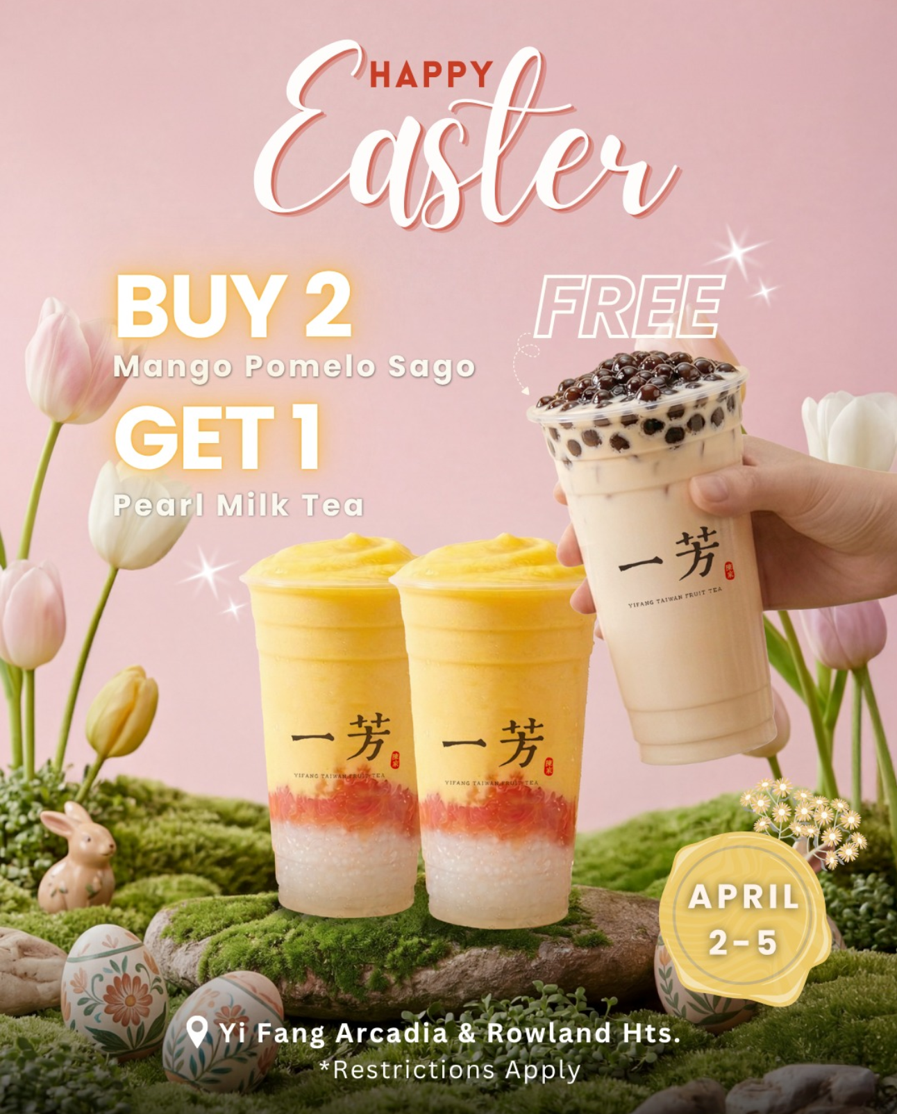 Buy 2 Mango Pomelo Sago, Get 1 FREE Pearl Milk Tea at YiFang