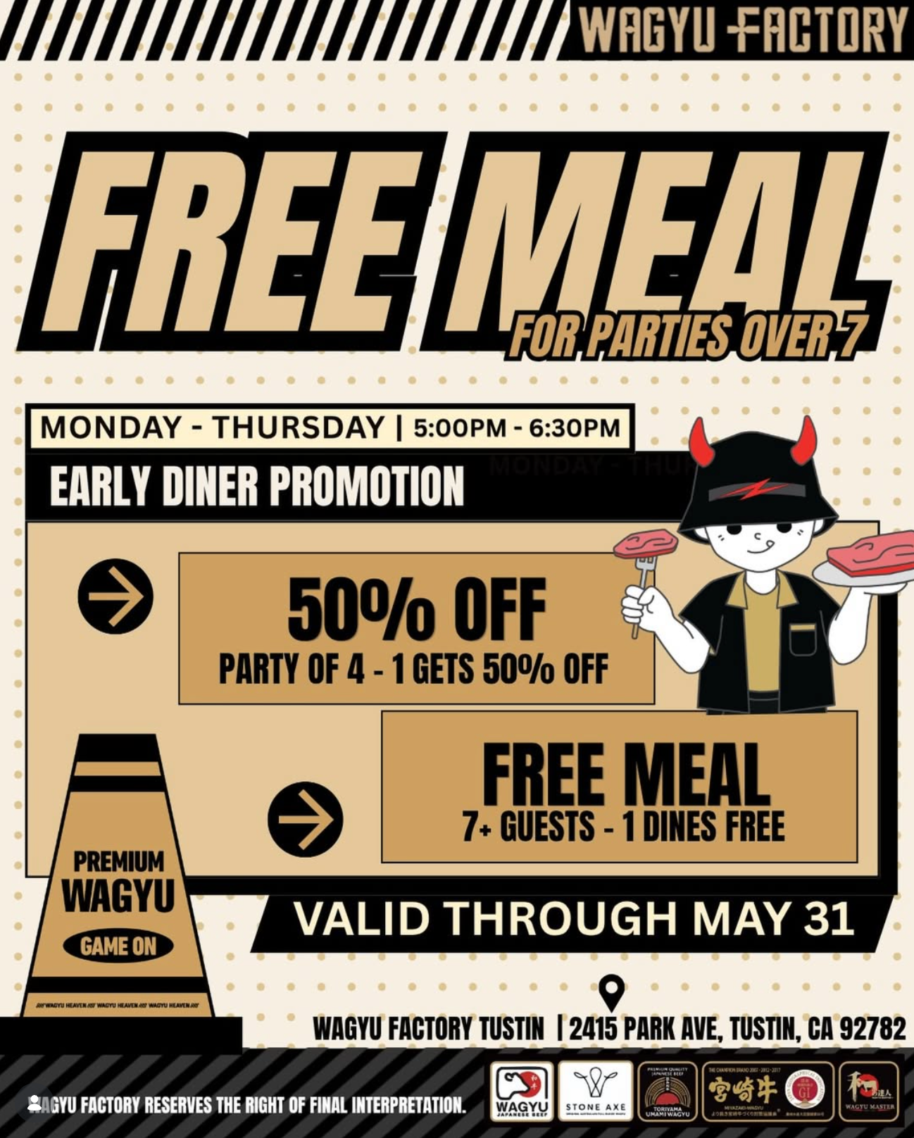 Free Meal for Parties Over 7 at Wagyu Factory Tustin