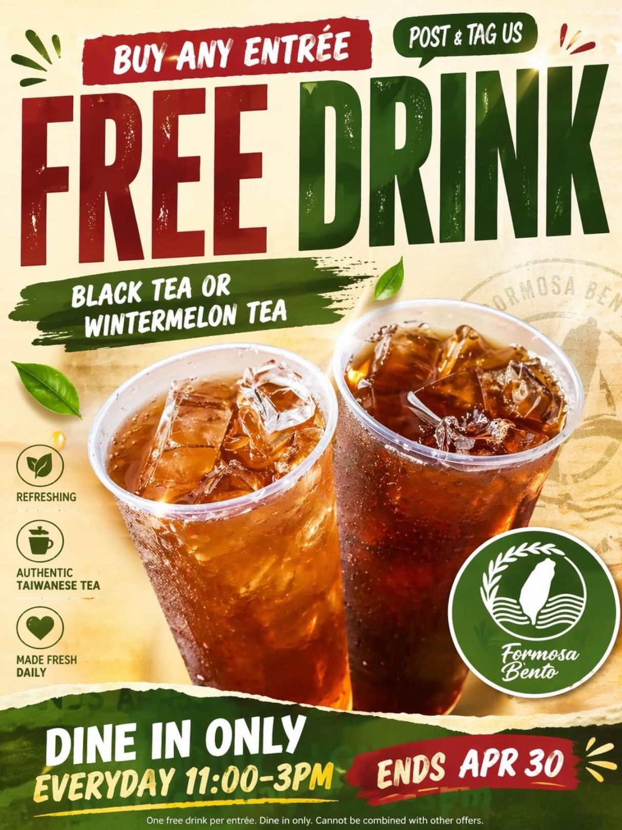 FREE Black Tea or Wintermelon Drink at Formosa Bento