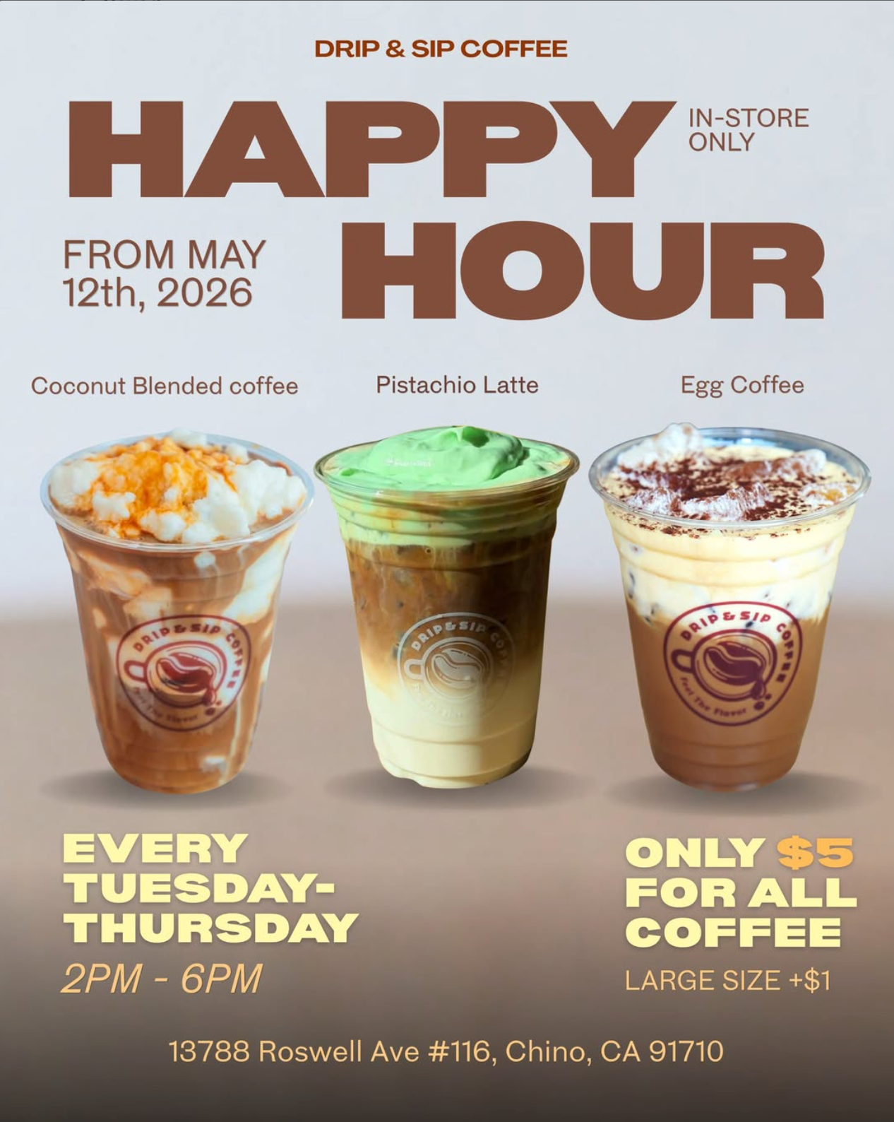 $5 Coffee Happy Hour Tues-Thurs at Drip & Sip Coffee