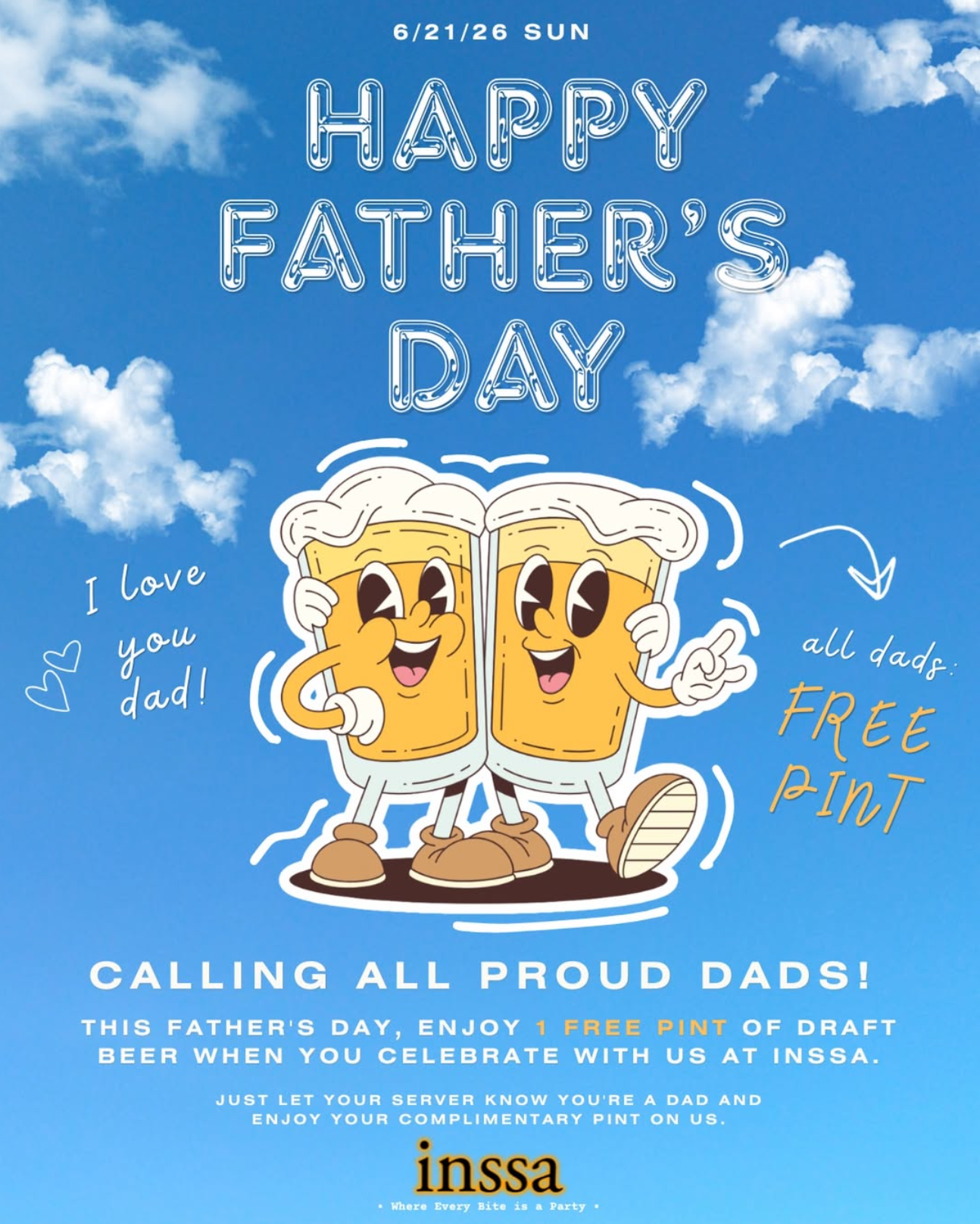 Free Draft Beer Pint for Dads on Father's Day at INSSA