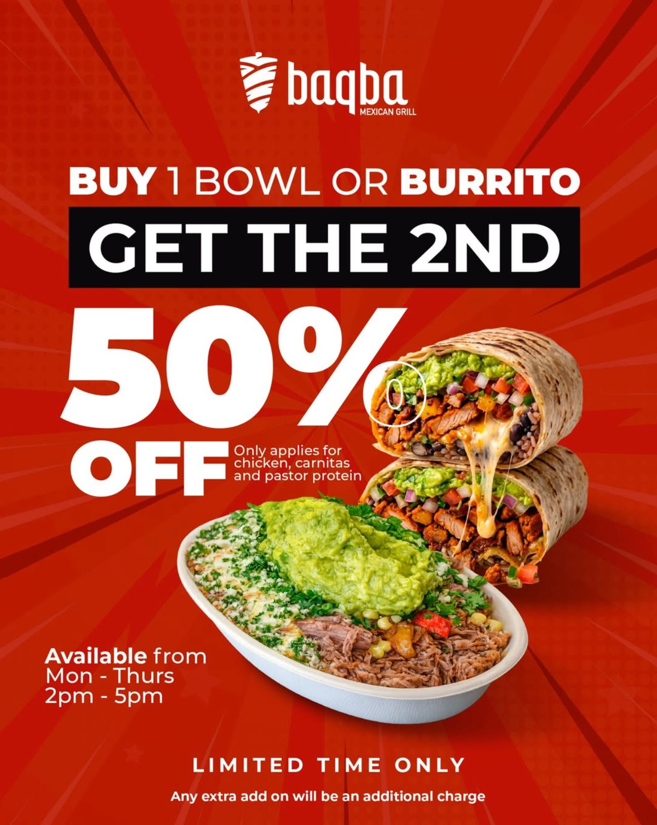 BOGO 50% off at Baqba Mexican Grill