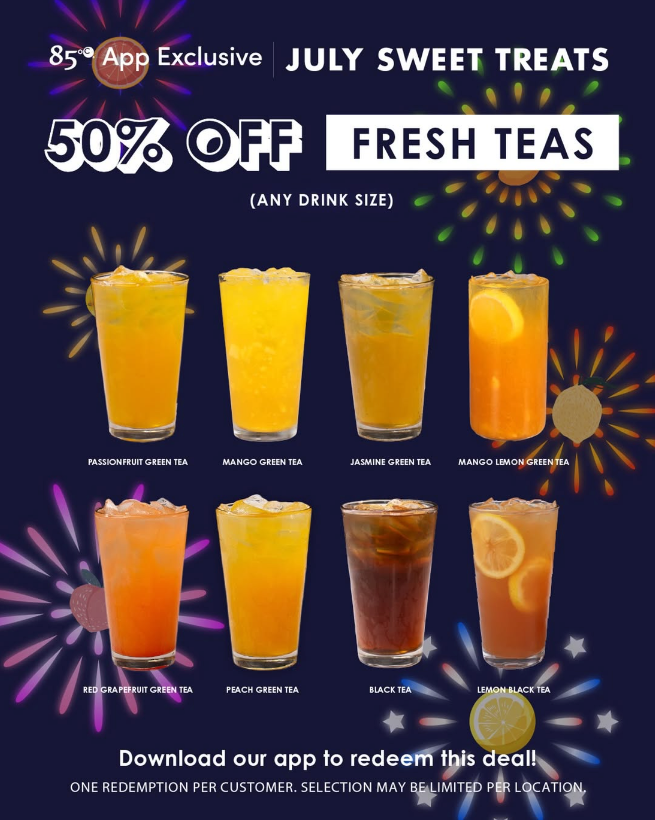 50% OFF a Fresh Tea at 85°C Bakery Cafe with the App Until 7/31