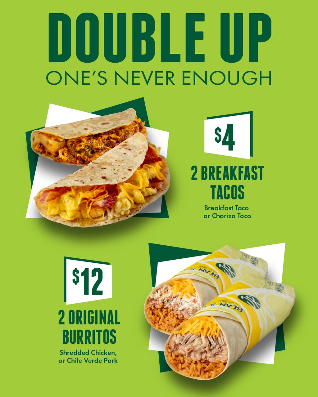 $4 Breakfast Tacos and 2 for $12 Burritos at Miguel's Jr.