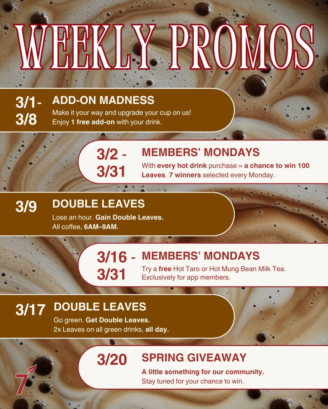 March Promos at 7 Leaves Cafe