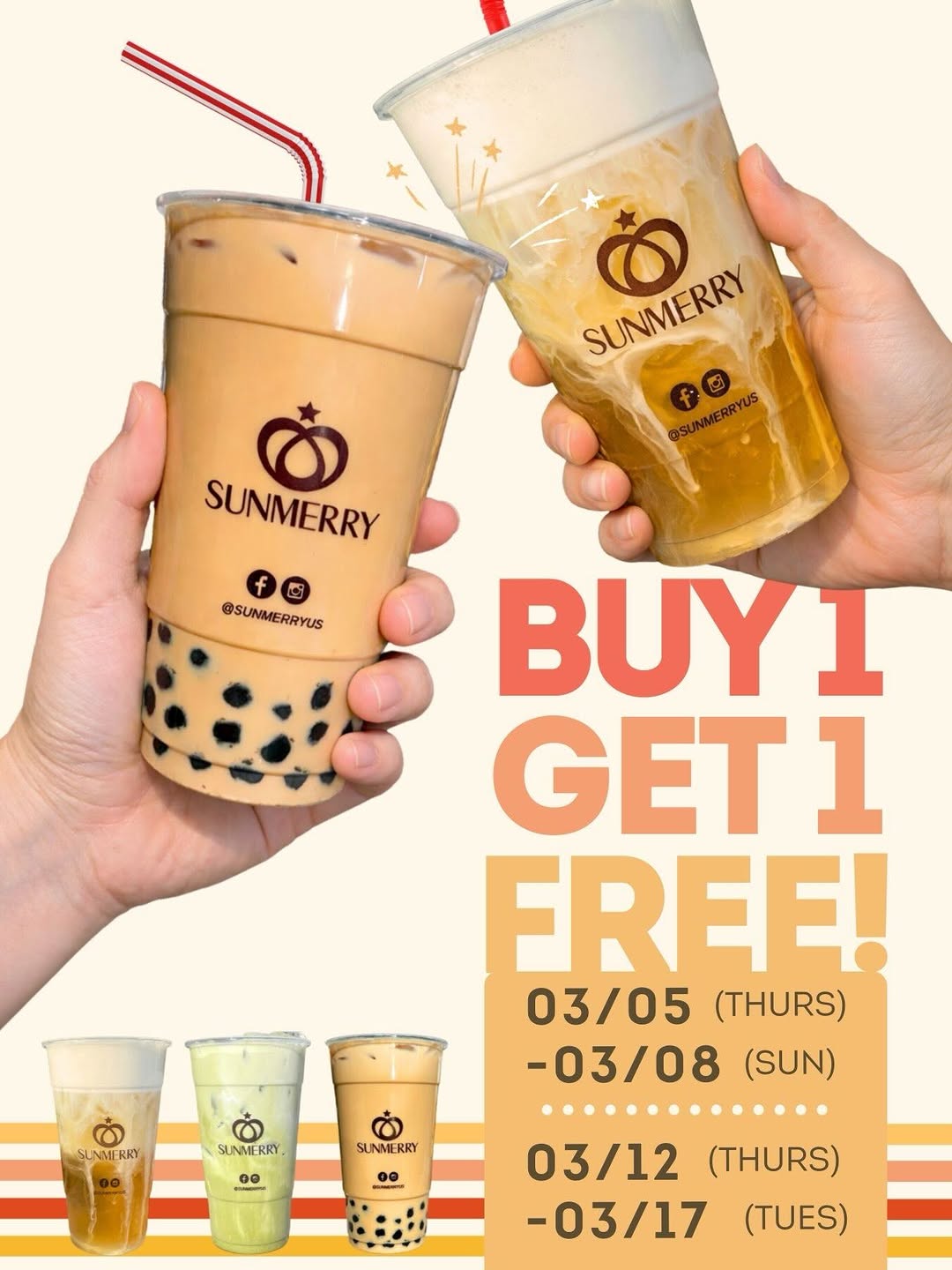 BUY 1 GET 1 FREE Drinks & 2 for $7 Cakes at Sunmerry Bakery Until 3/17